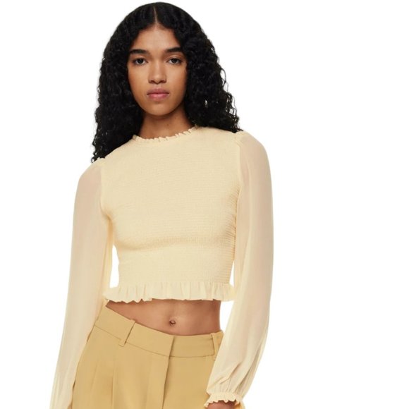 NEW Aritzia | Wilfred Tempest Blouse Smocked Chiffon Blouse in Whipped Butter - Picture 3 of 15